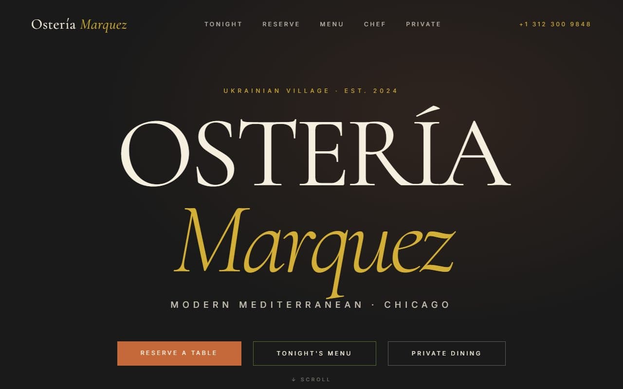 Ostería Marquez · Modern Mediterranean Chicago — live screenshot