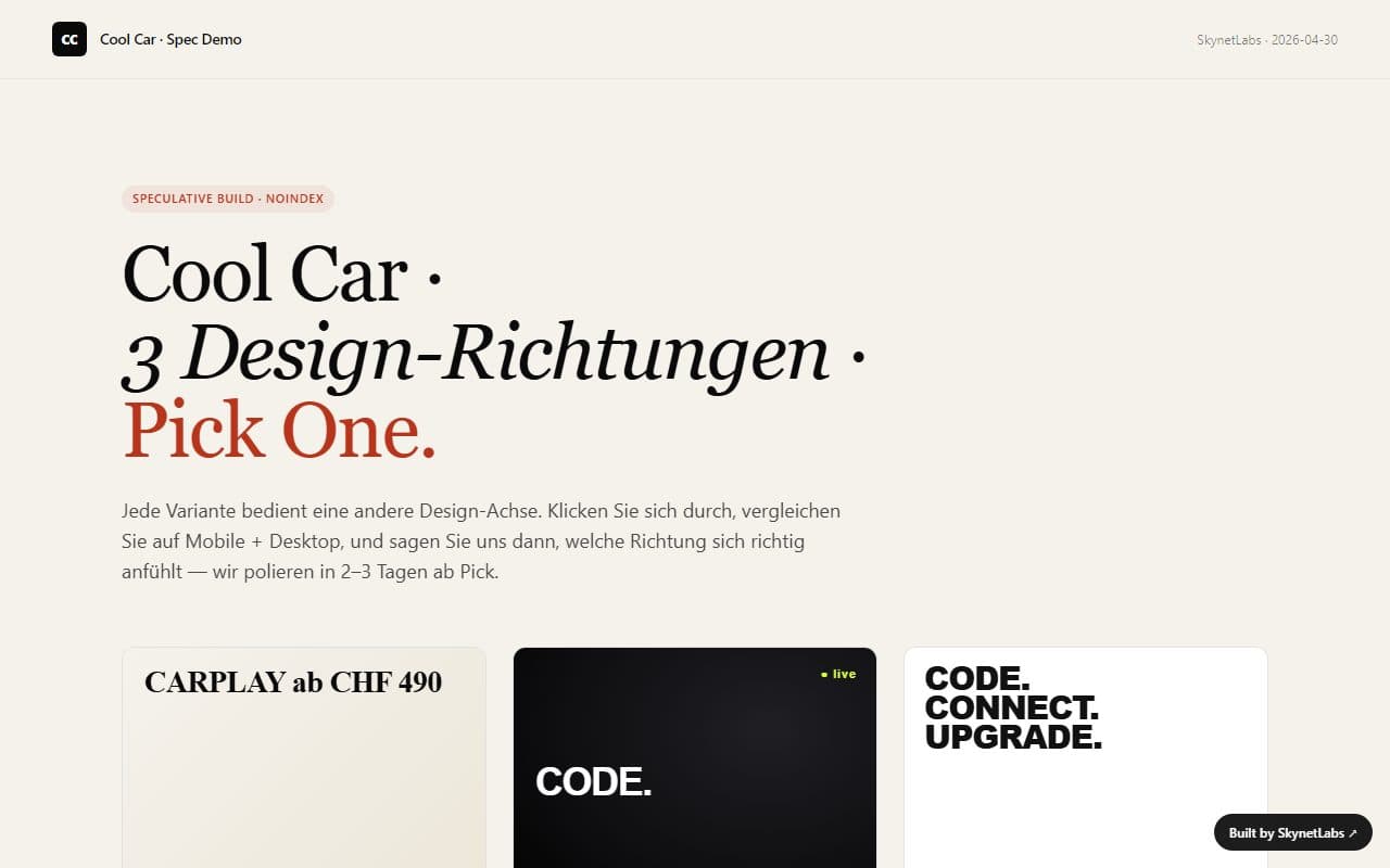 Cool Car · 3-Variant Spec Demo (DE) — live screenshot