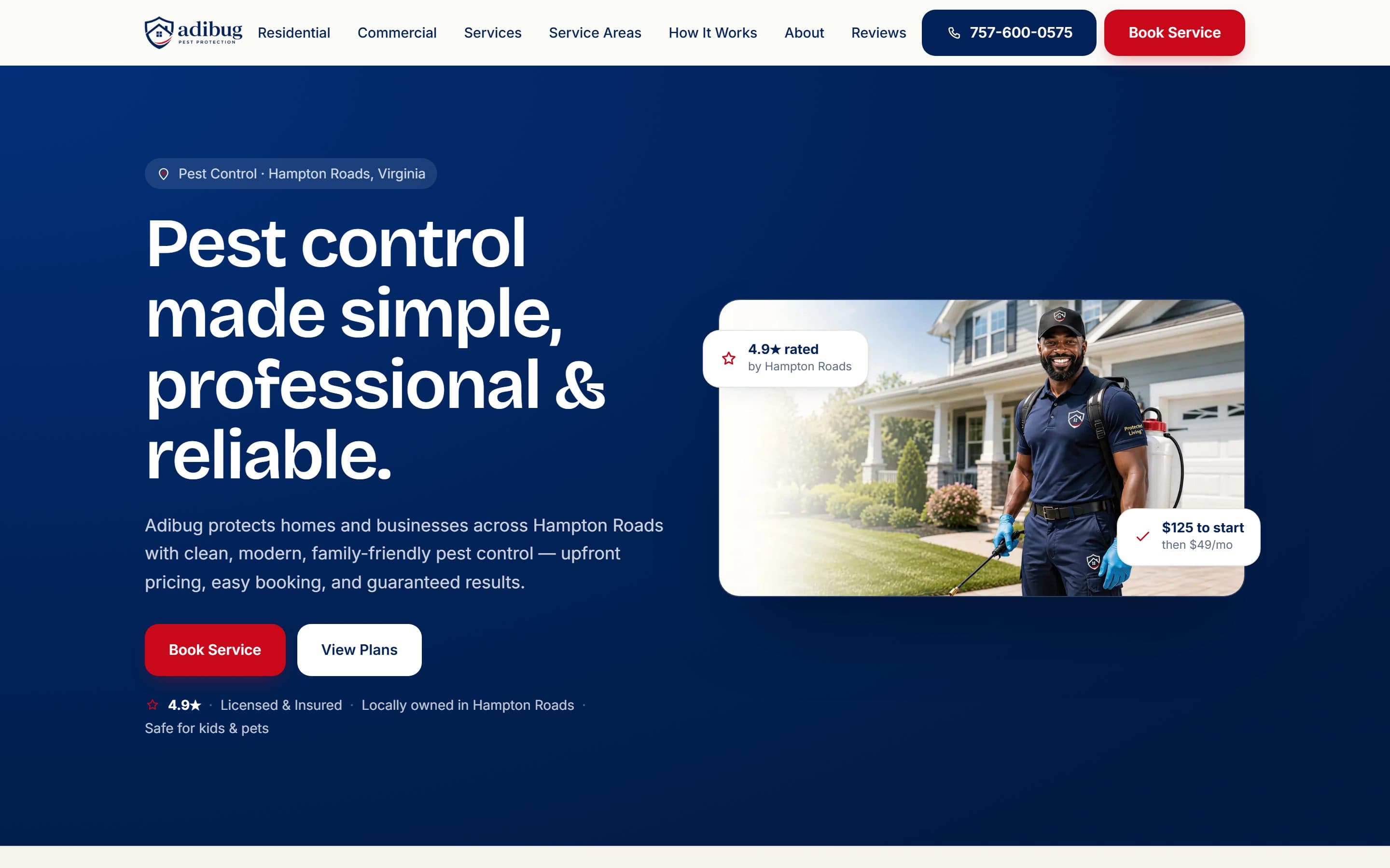Adibug Pest Control · Hampton Roads VA — live screenshot