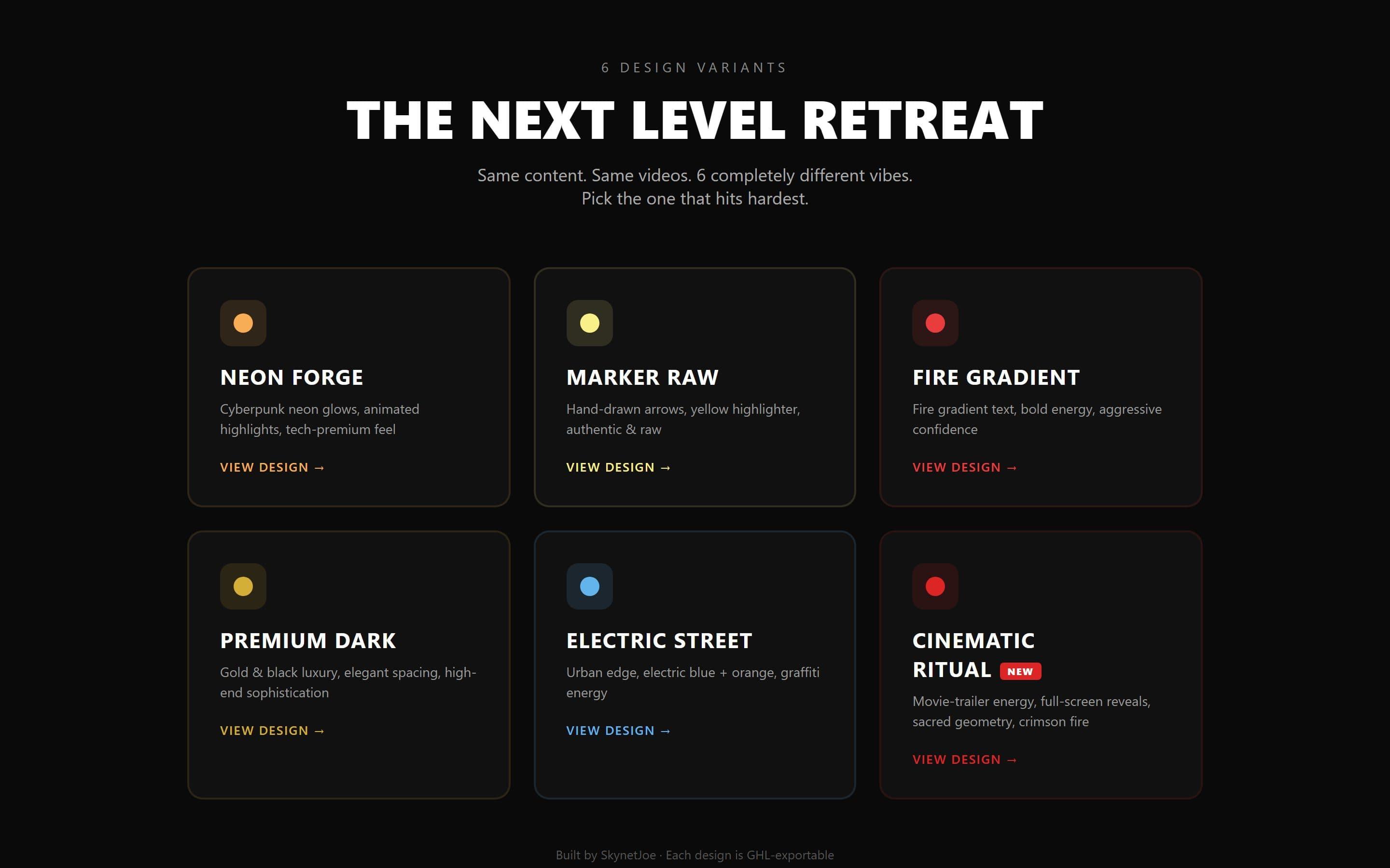 Next Level Retreat · Design Directions — live screenshot