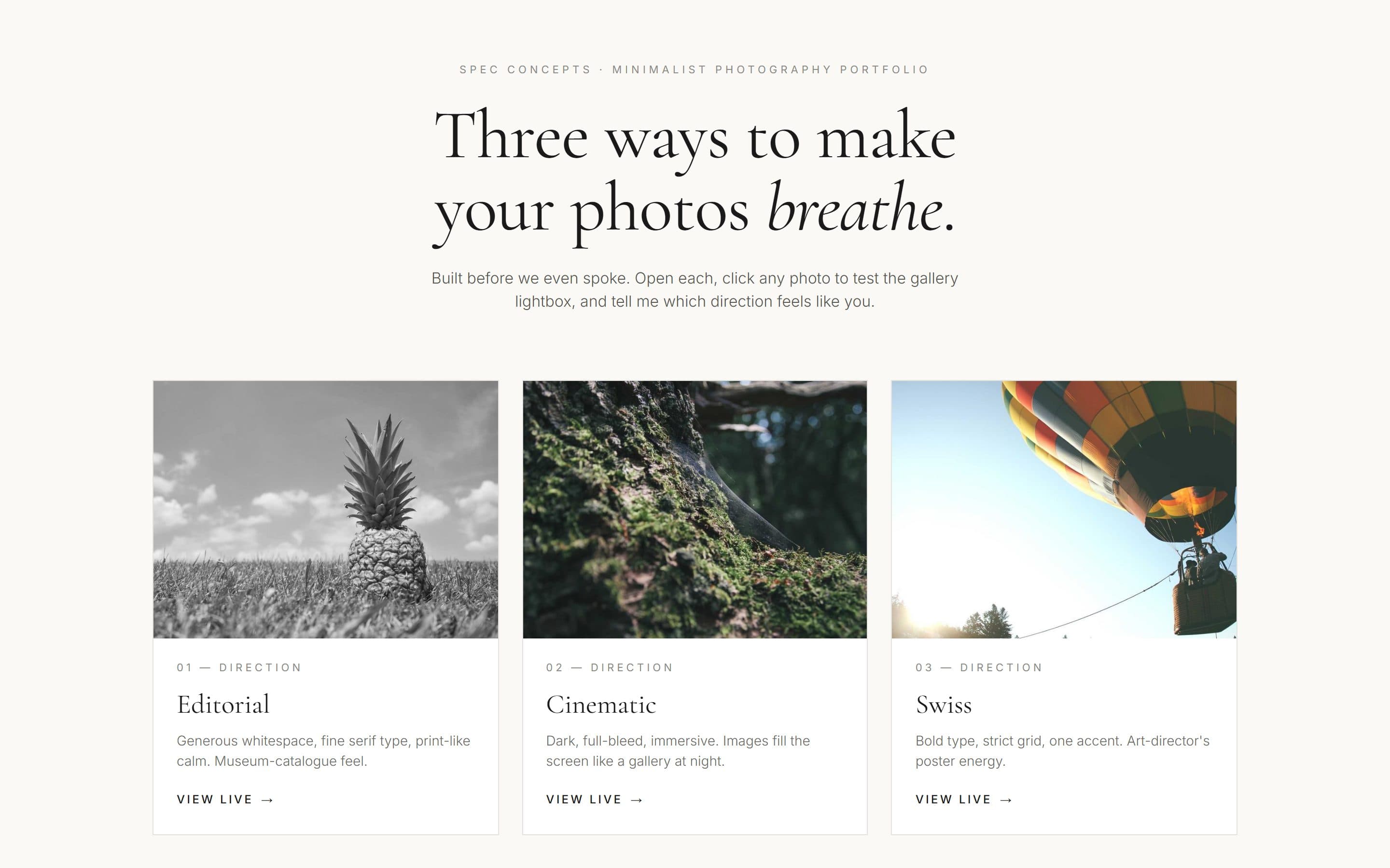 Photography Portfolio · 3 Directions — live screenshot