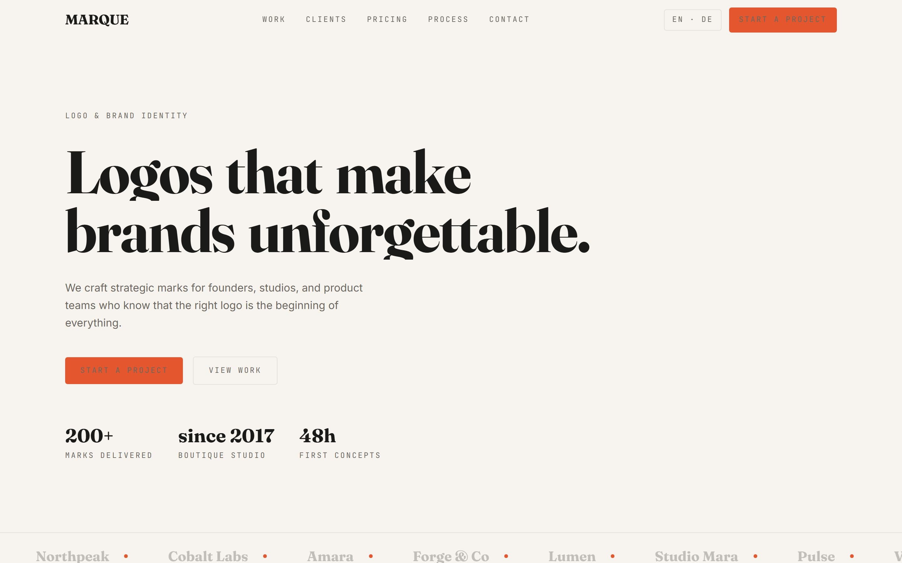 Marque · Logo & Brand Studio — live screenshot