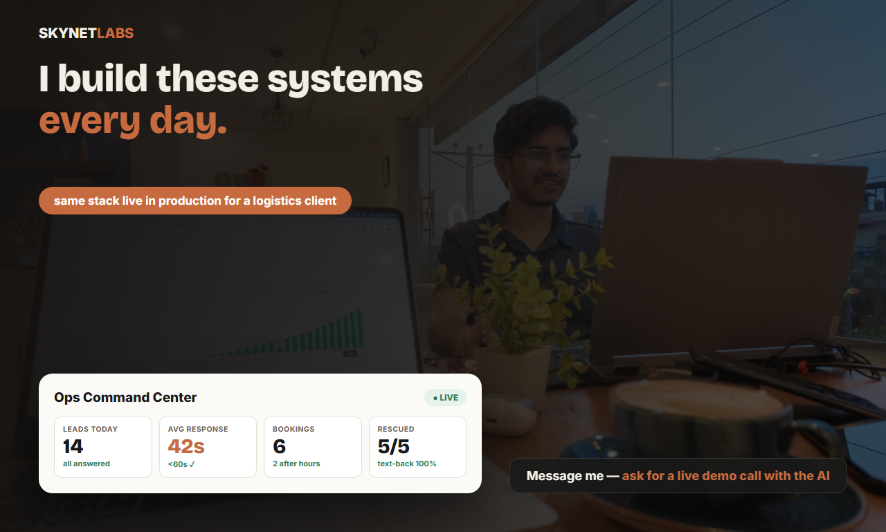 Live AI Ops Command Center dashboard mockup showing leads answered today, average AI response time under 60 seconds, bookings made after hours, and missed calls rescued by text-back — the ops view a team checks every morning