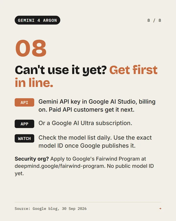 How to get first in line for Gemini 4 Argon: paid Gemini API key, Google AI Ultra, check the model list daily