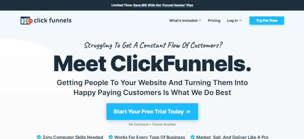 screenshot of clickfunnels website 