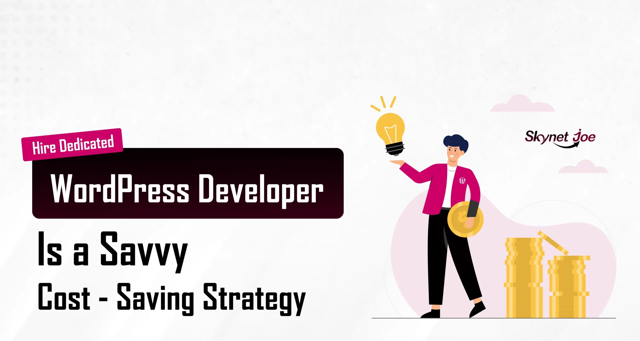 Experienced character holding a bulb, symbolizing expertise. Hire dedicated WordPress developers for cost-saving solutions.