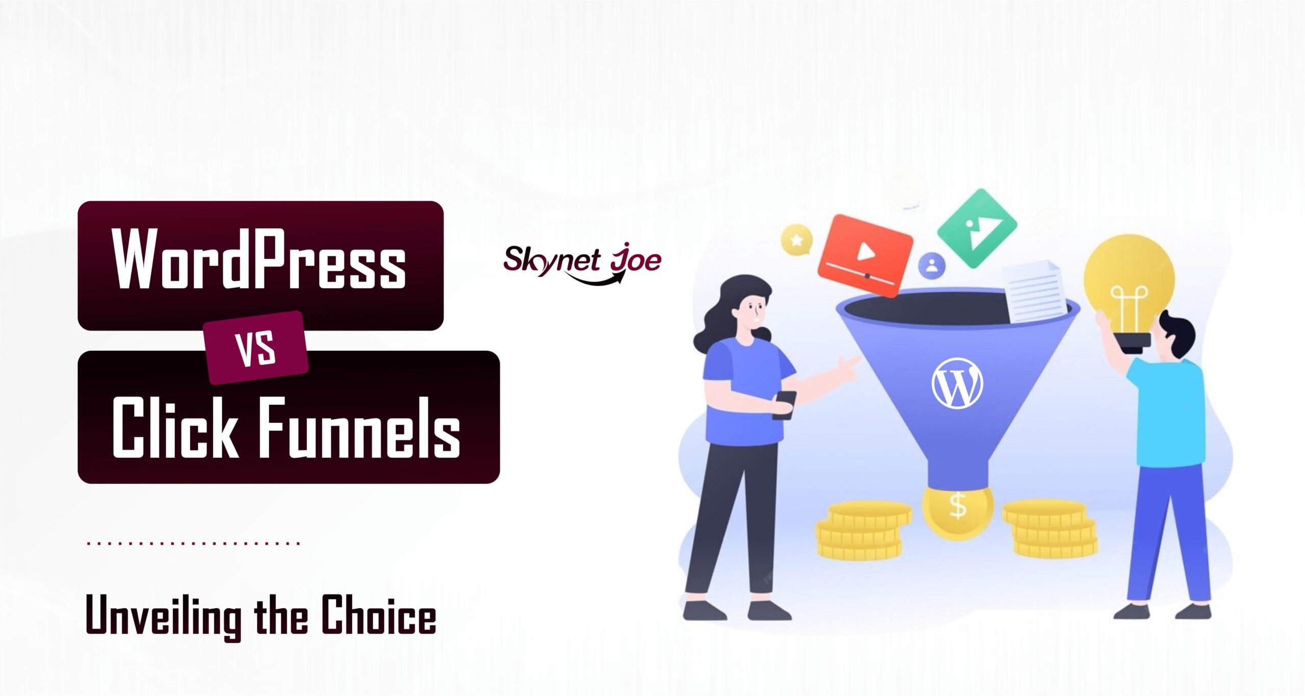 Two characters standing beside a funnel, representing the ClickFunnels Vs WordPress for online success